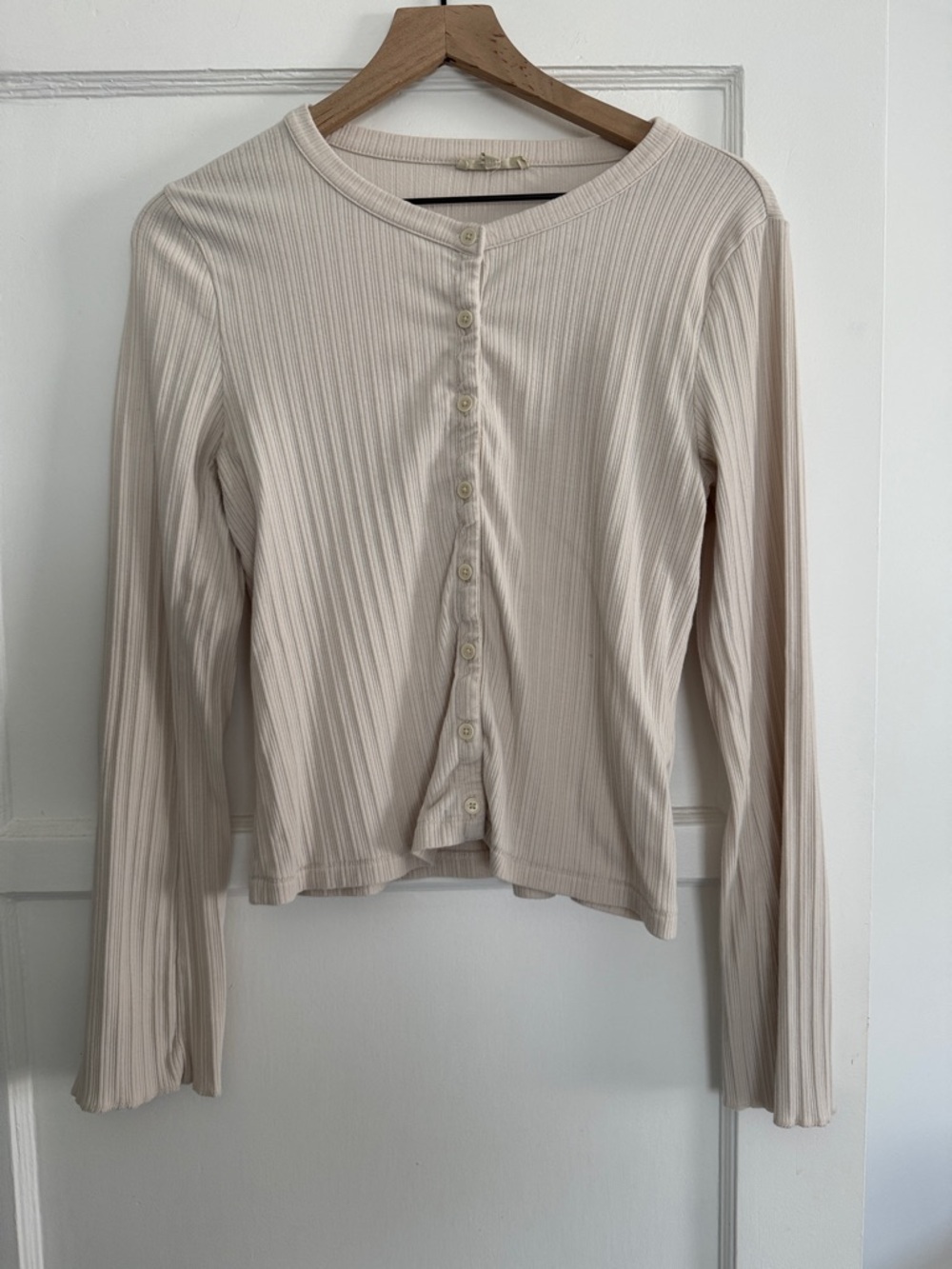Ribbed Button-Front Long Sleeve Top - Cream